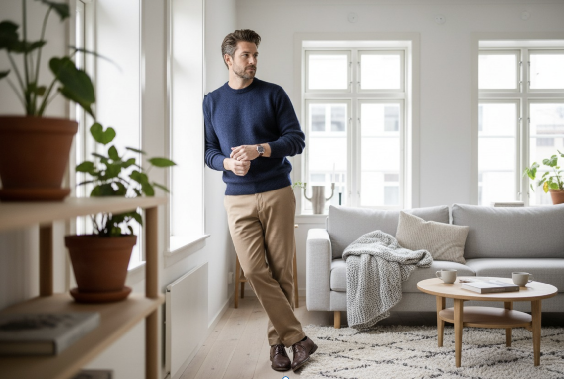 Mand iført moderne striktrøje i stilfuld nordisk herremode indendørs i skandinavisk boligindretning