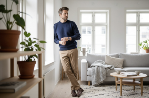 Mand iført moderne striktrøje i stilfuld nordisk herremode indendørs i skandinavisk boligindretning