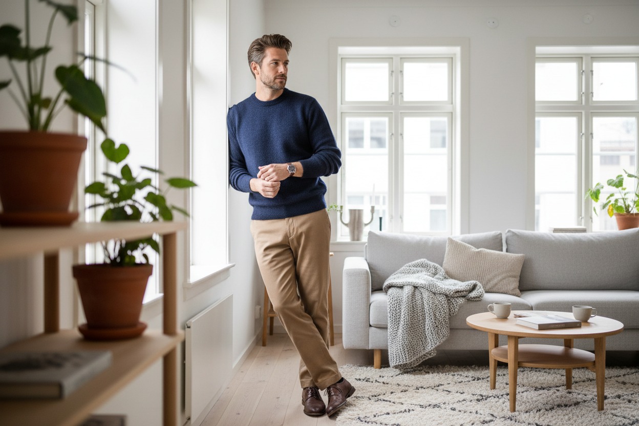 Mand iført moderne striktrøje i stilfuld nordisk herremode indendørs i skandinavisk boligindretning